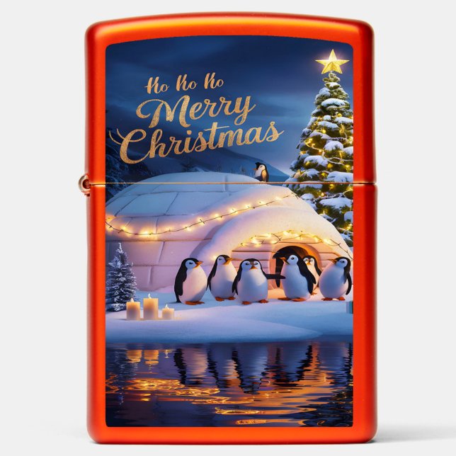 Penguins Celebrate in Igloo with Christmas Tree Zippo Lighter (Front)