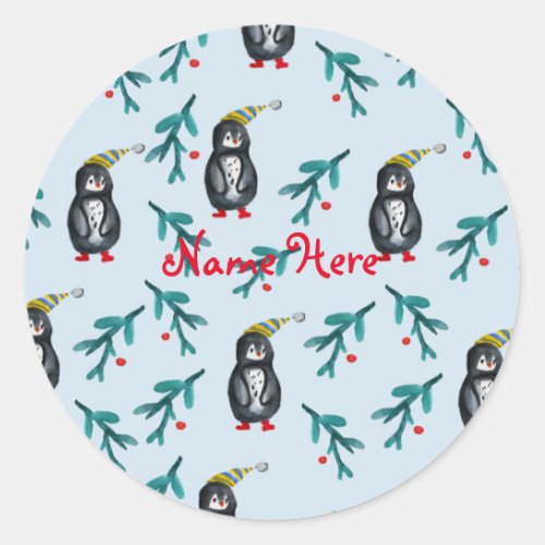 Penguins Christmas Art Classic Round Sticker