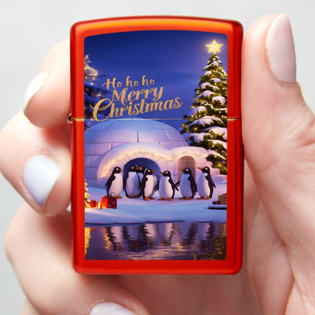 Penguins Christmas Celebration Zippo Lighter (In Hand)