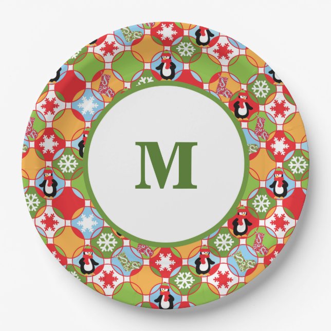 Penguins Christmas Monogram Paper Plates (Front)