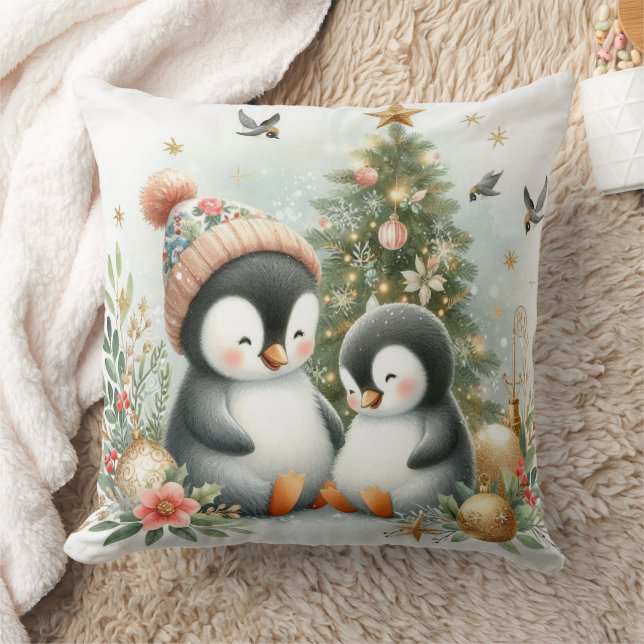 Penguins Christmas Throw Pillow (Blanket)