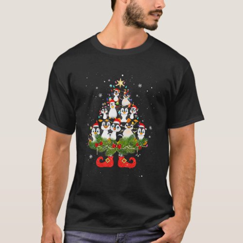 Penguins Christmas Tree Lights Funny Santa Hat Lov T_Shirt