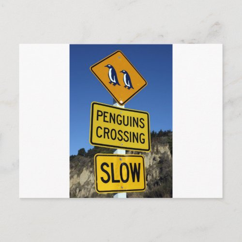 Penguins crossing yellow road sign postcard
