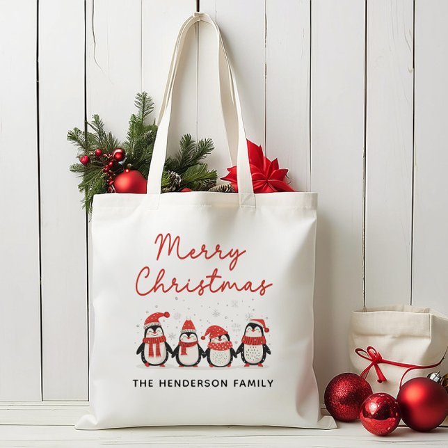 Penguins Custom Name Merry Christmas Tote Bag (Creator Uploaded)