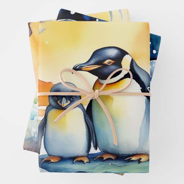 Penguins Dancing in Watercolor Snowstorm Wrapping Paper Sheets (In situ)