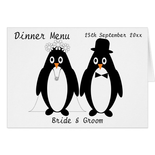 Penguins Design Wedding Dinner Menu Cards (Front Horizontal)