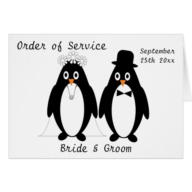 Penguins Design Wedding Order Of Service Cards (Front Horizontal)