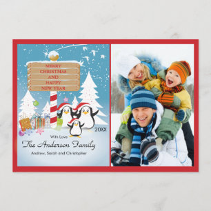 Penguins Family of 3 Holiday Christmas Photo Card