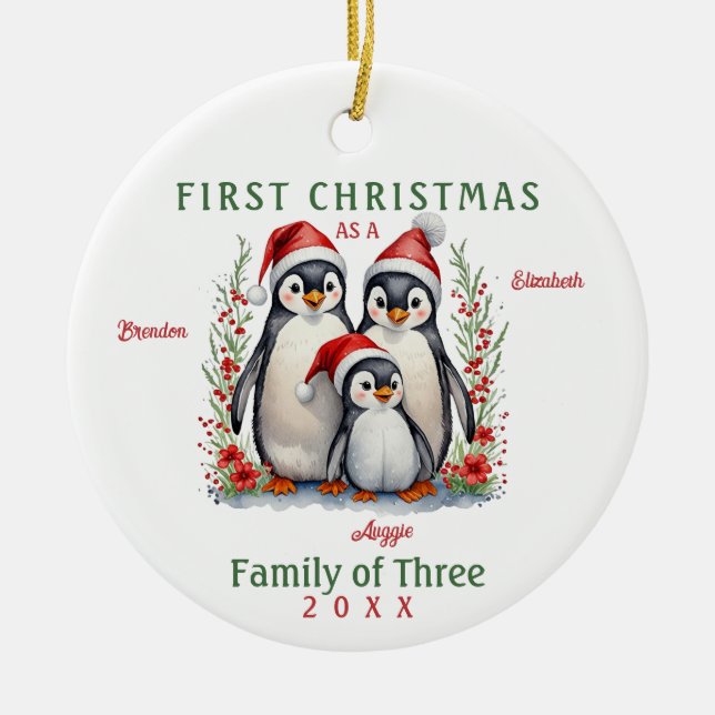 Penguins Family of Three First Christmas Ceramic Ornament (Front)