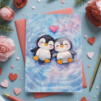 Penguins Float In Love Sweet Watercolor Valentine Card