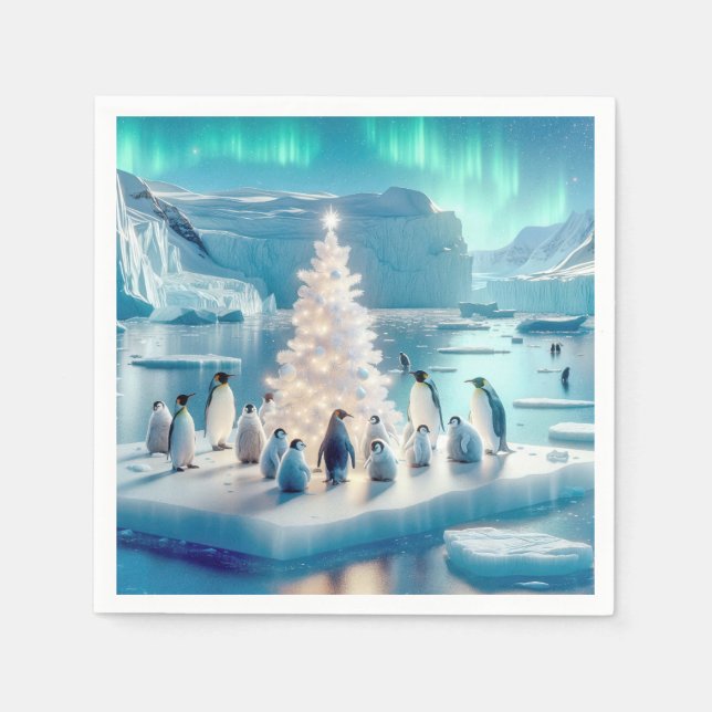 Penguins Gathered Around a Christmas Tree Napkins (Front)