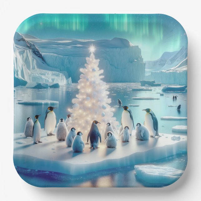 Penguins Gathered Around a Christmas Tree Paper Plates (Front)