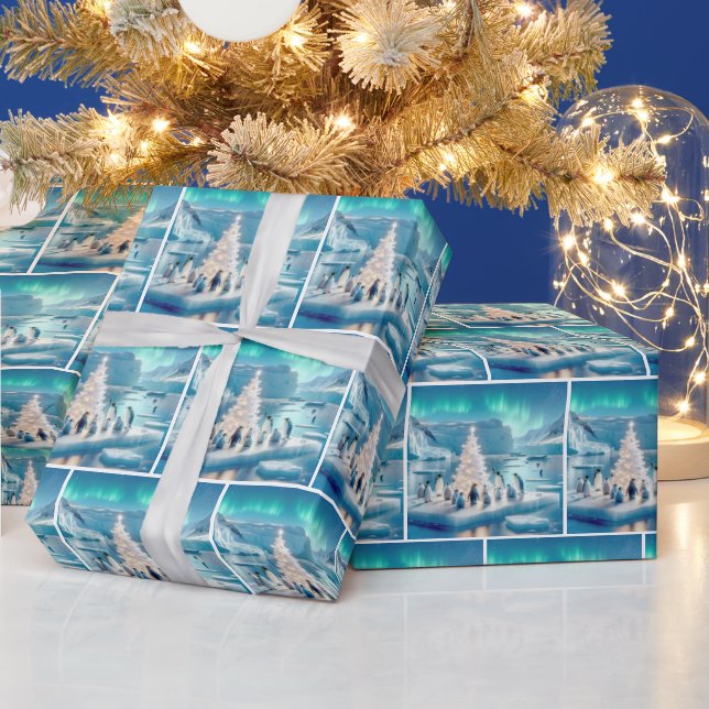 Penguins Gathered Around a Christmas Tree Wrapping Paper (Holidays)