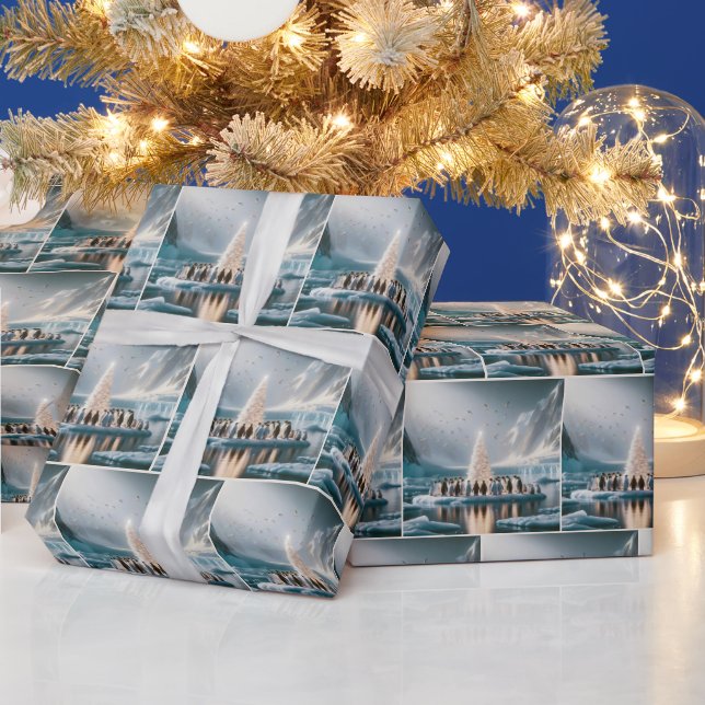 Penguins Gathering Around a White Christmas Tree Wrapping Paper (Holidays)