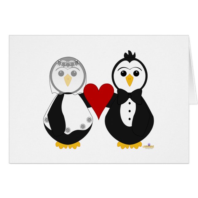 Penguins Getting Married Holding A Heart Cards (Front Horizontal)