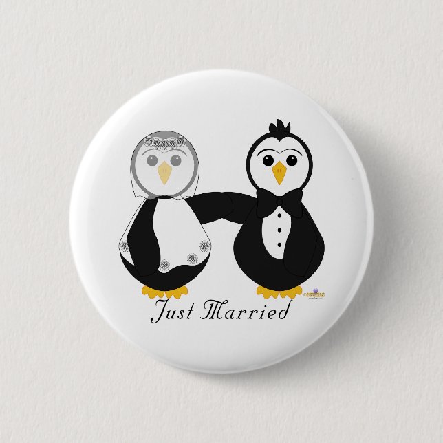 Penguins Getting Married Just Married Button (Front)