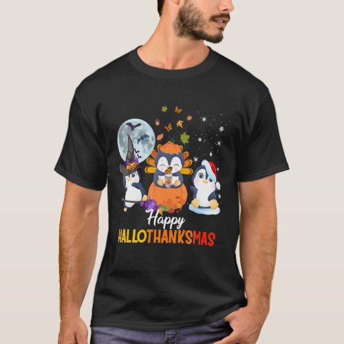 Penguins Halloween And Merry Christmas Happy Hallo T_Shirt