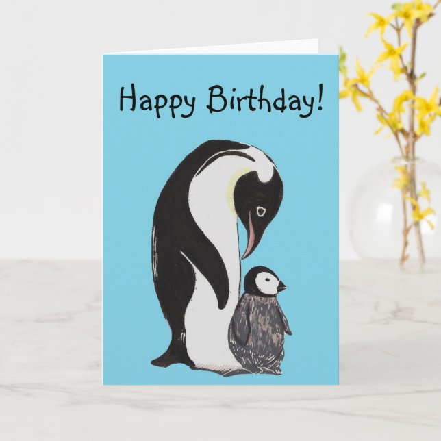 Penguins Happy Birthday! Card (Yellow Flower)