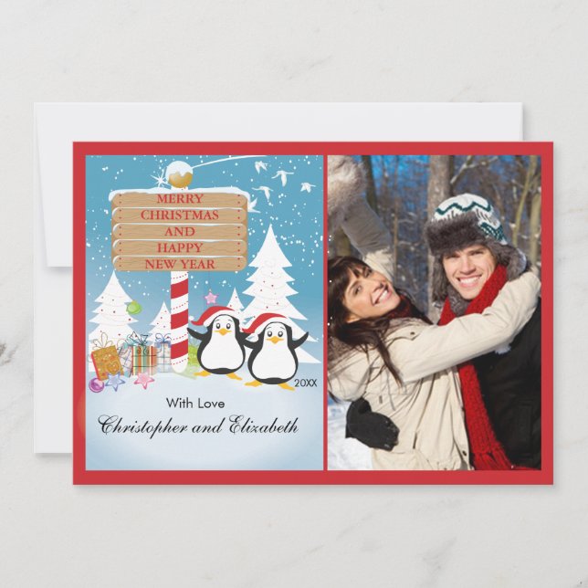 Penguins Happy Couple Holiday Christmas Photo Card (Front)