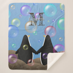 penguins holding flippers watching bubbles sherpa blanket