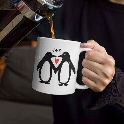 Penguins Holding Hands Cute Couple Custom Initials Coffee Mug