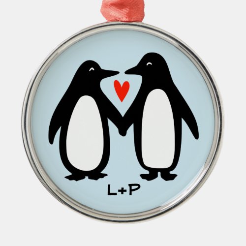 Penguins Holding Hands Cute Couple Custom Initials Metal Ornament