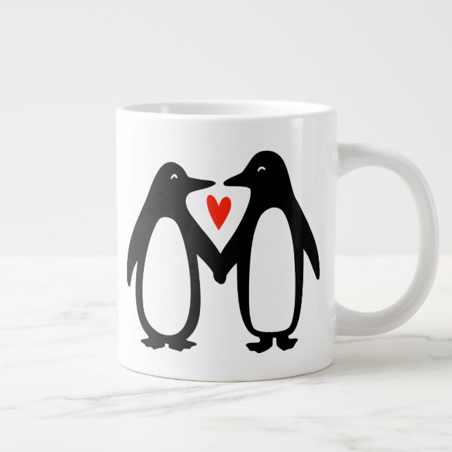 Penguins Holding Hands Cute Couple Giant Coffee Mug (Right)