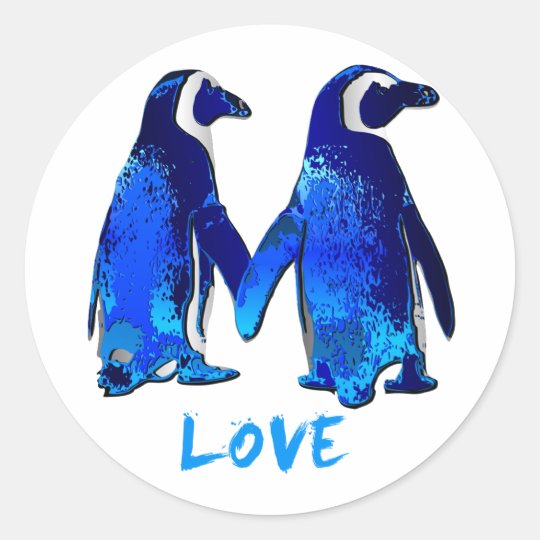 Penguins Holding Hands Love Design Classic Round Sticker