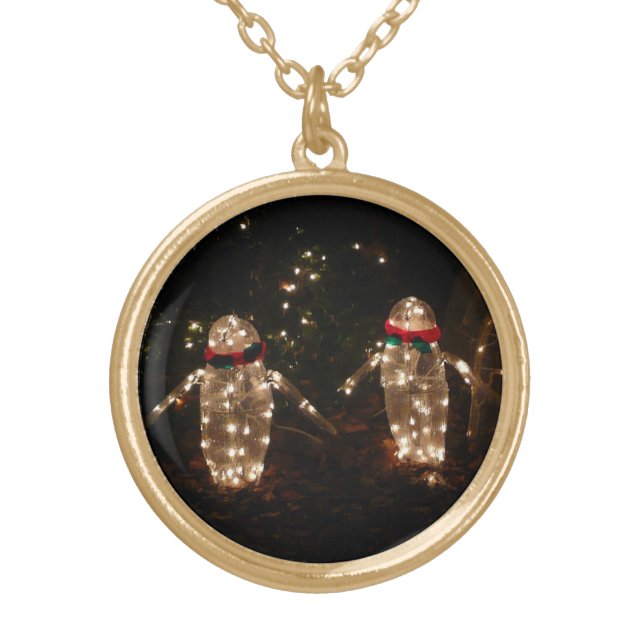 Penguins Holiday Light Display Gold Plated Necklace (Front)
