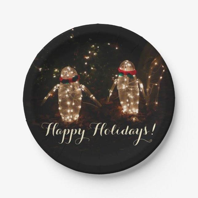 Penguins Holiday Light Display Paper Plates (Front)