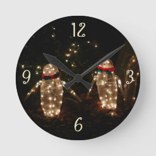 Penguins Holiday Light Display Round Clock