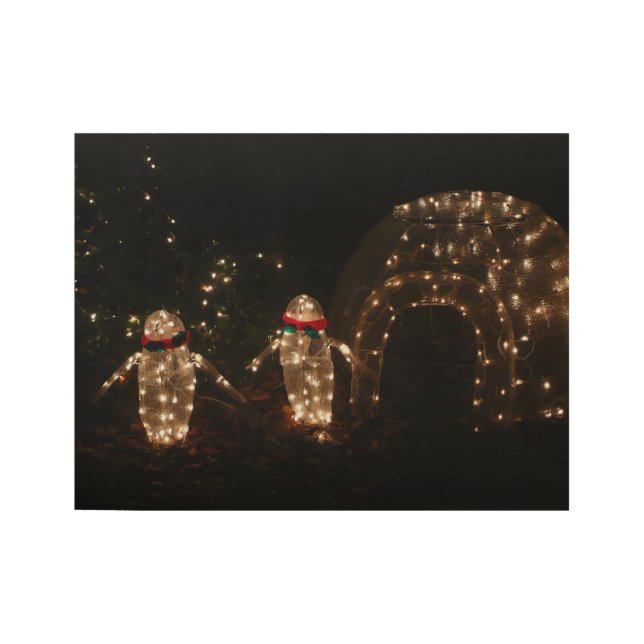 Penguins Holiday Light Display Wood Poster (Front)