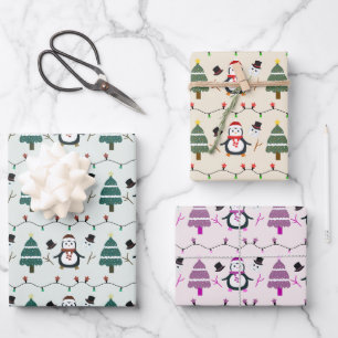 Penguins Holiday Lights Christmas Trees Christmas Wrapping Paper Sheets