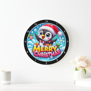 Penguin's Holiday Spirit" - Cheerful Christmas Large Clock
