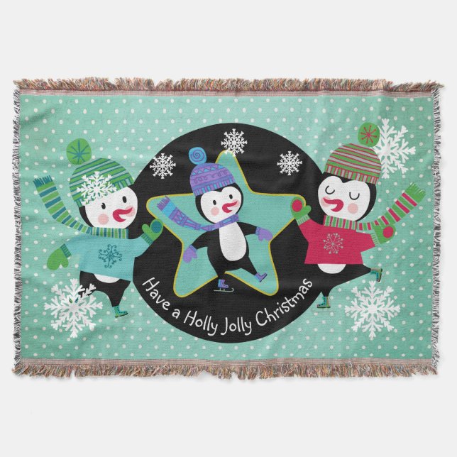 Penguins Holly Jolly Christmas Holiday Throw Throw Blanket (Front)