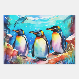 Penguins Huddling in Watercolor Snowy Landscape Wrapping Paper Sheets