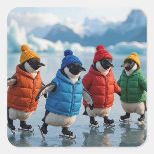 Penguins Ice Skating On an Arctic Lake Square Sticker