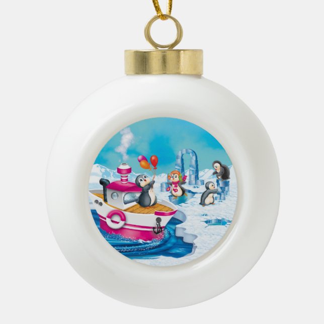 penguins in Antarctica Ceramic Ball Christmas Ornament (Front)