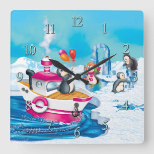 penguins in Antarctica Square Wall Clock