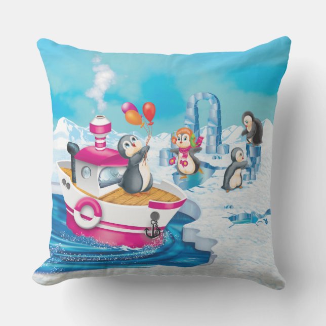 penguins in Antarctica Throw Pillow (Front)