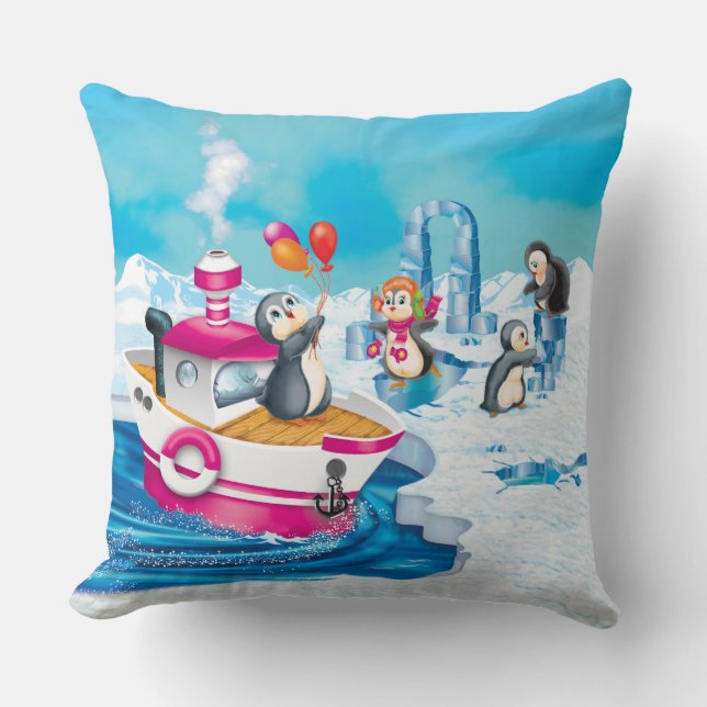 penguins in Antarctica Throw Pillow (Front)