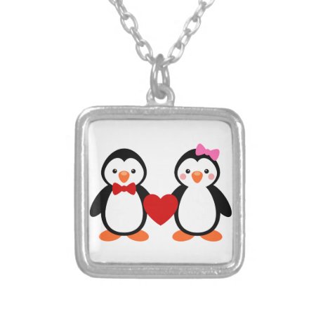 Penguins In Love Silver Plated Necklace