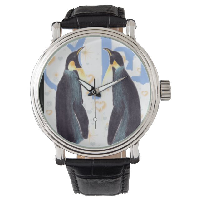Penguins In Love Vintage Leather Strap Watch (Front)
