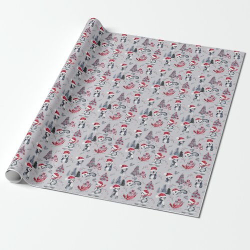 Penguins in Santa Hats Winter Scene Gray Pattern  Wrapping Paper