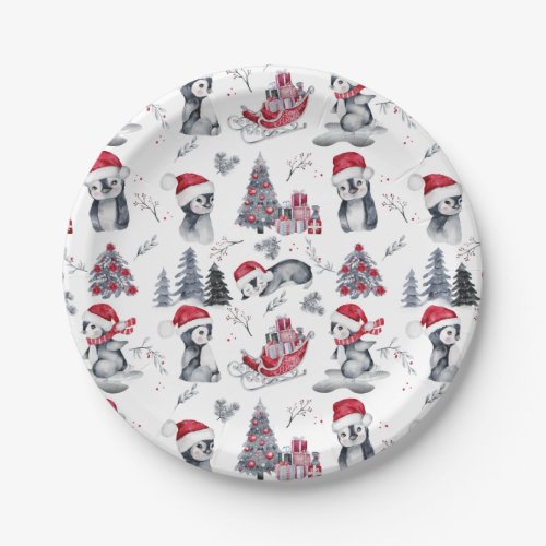 Penguins in Santa Hats Winter Scene Pattern Paper Plates