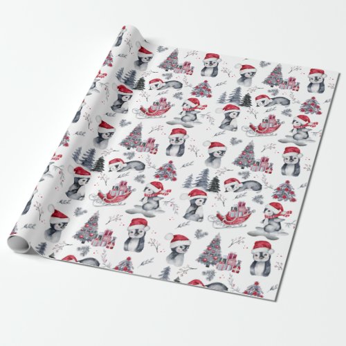 Penguins in Santa Hats Winter Scene Pattern Wrapping Paper