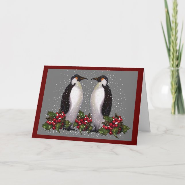 Penguins In Snow: Couple Christmas: Holly: Art Holiday Card (Front)