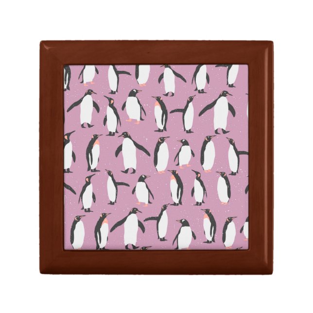Penguins in the Snow on Purple Background Jewelry Box (Front)