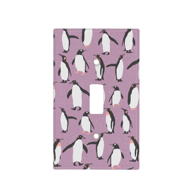 Penguins in the Snow on Purple Background Light Switch Cover (Front)