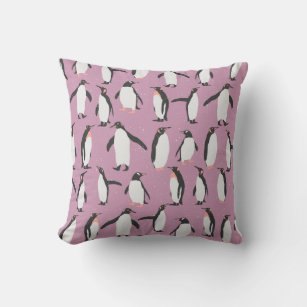 Penguins in the Snow on Purple Background Throw Pillow